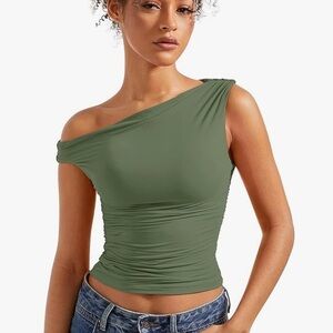 Set of 2 Ruched Tops Asymmetrical Neckline Off the Shoulder small